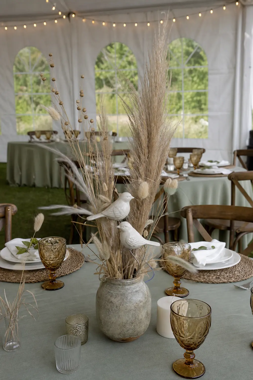 A Pair of Ceramic Birds Among Stems