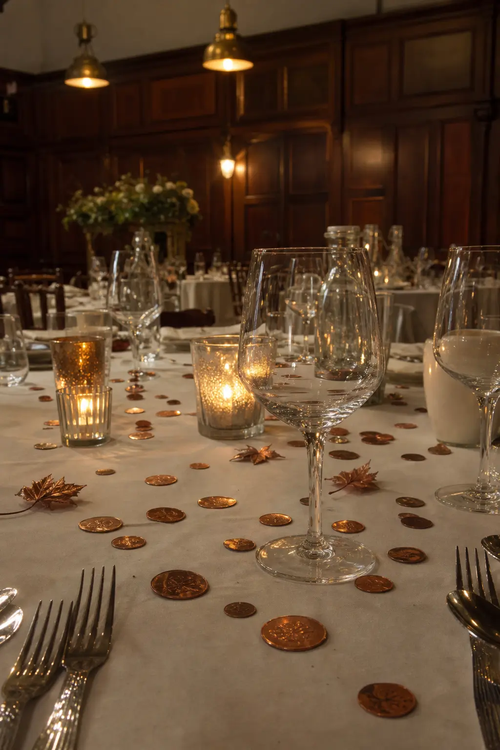 Copper Coins or Leaves Scattered Under Glassware