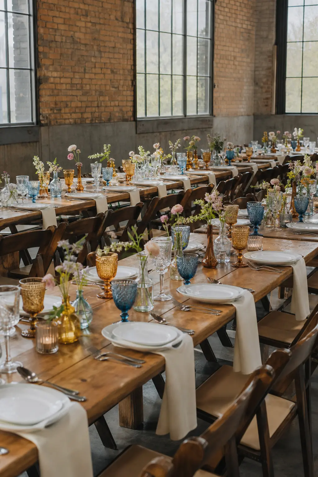 Mismatched Vintage Glassware at Every Other Setting