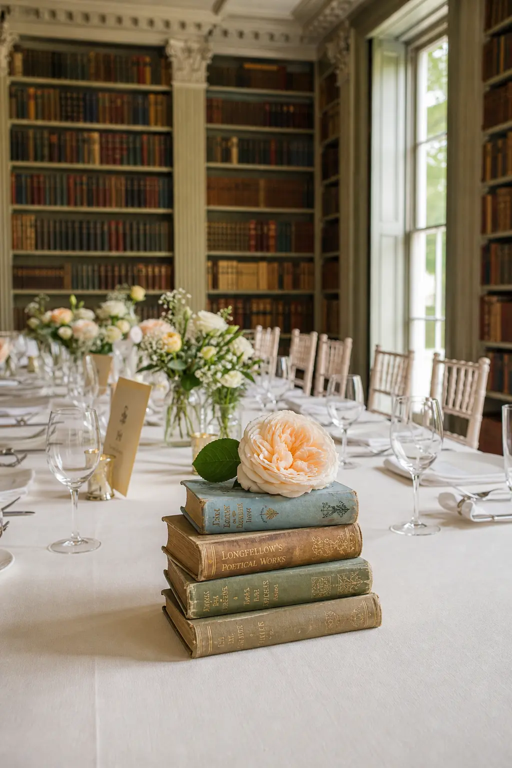 Vintage Books at the Head of Each Table