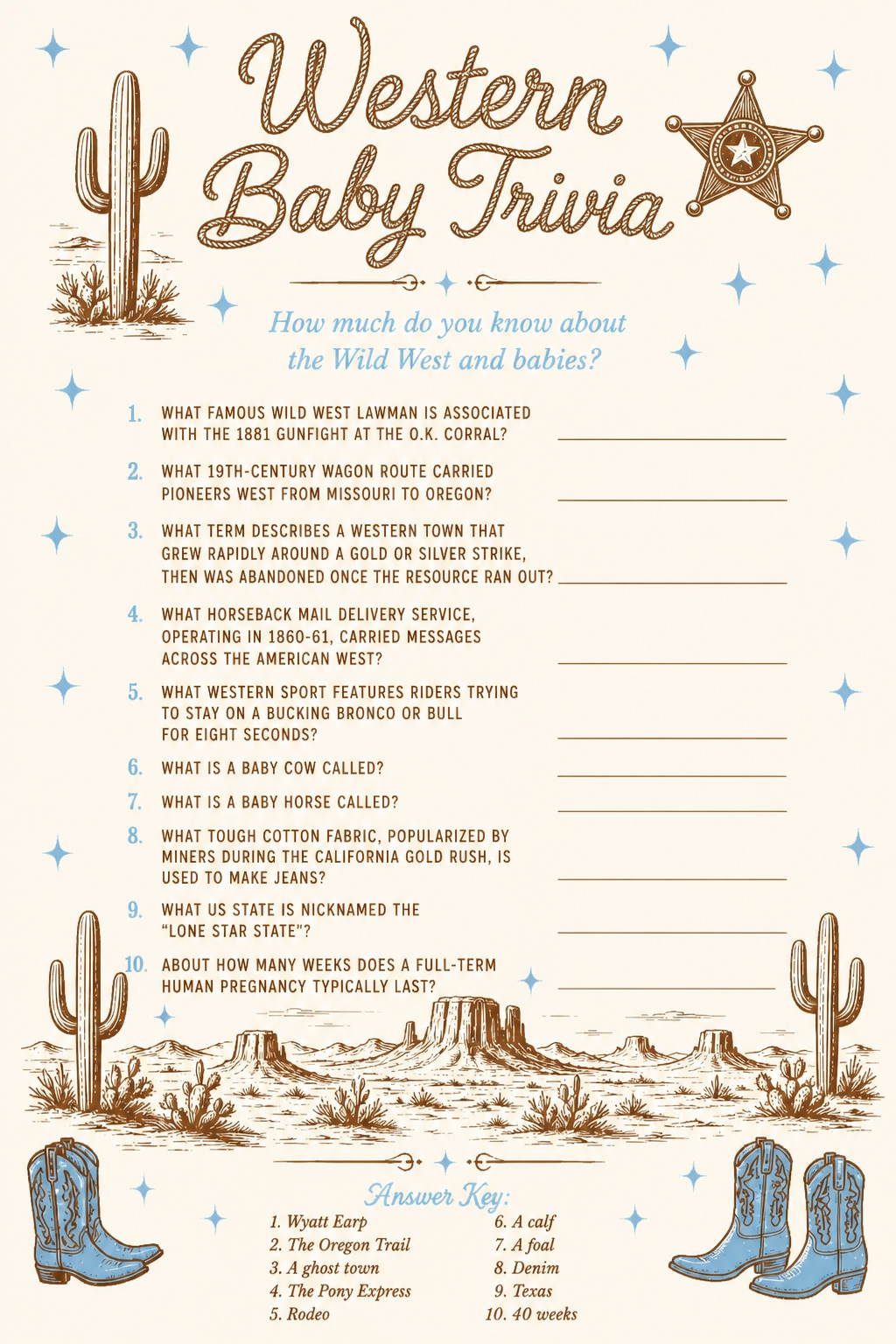 Western Baby Trivia printable