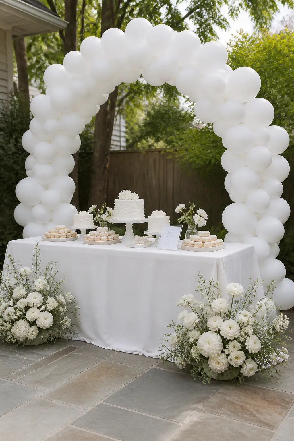 All-Matte White Arch Behind a Dessert Table with Fresh White Flowers — All-matte is the boldest single-finish choice because it gives the arch a soft, almost