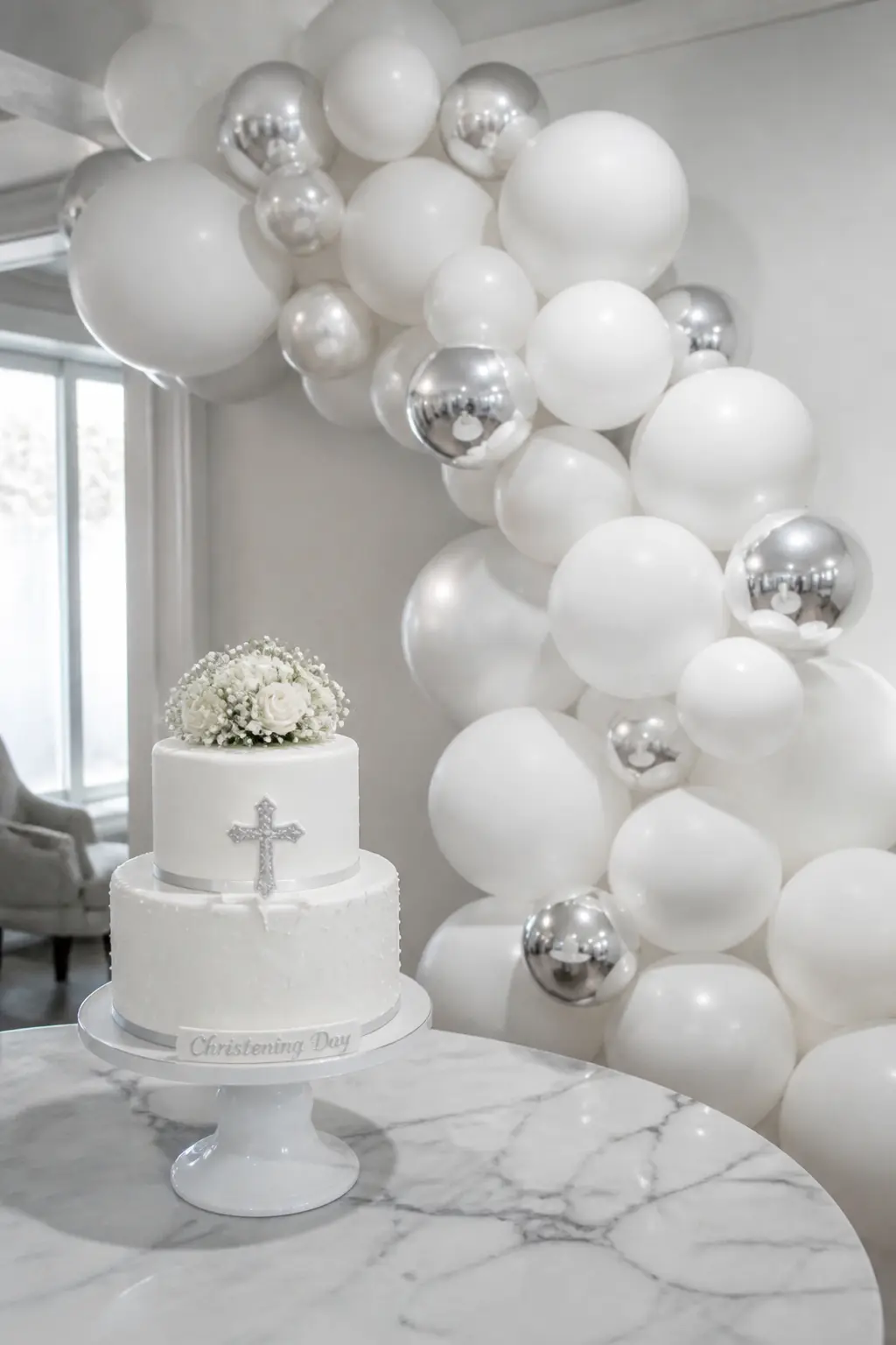 All-White Garland with Chrome White Highlights Behind a Christening Cake — Chrome white is a finish that sits between silver and white: bright enough to catch