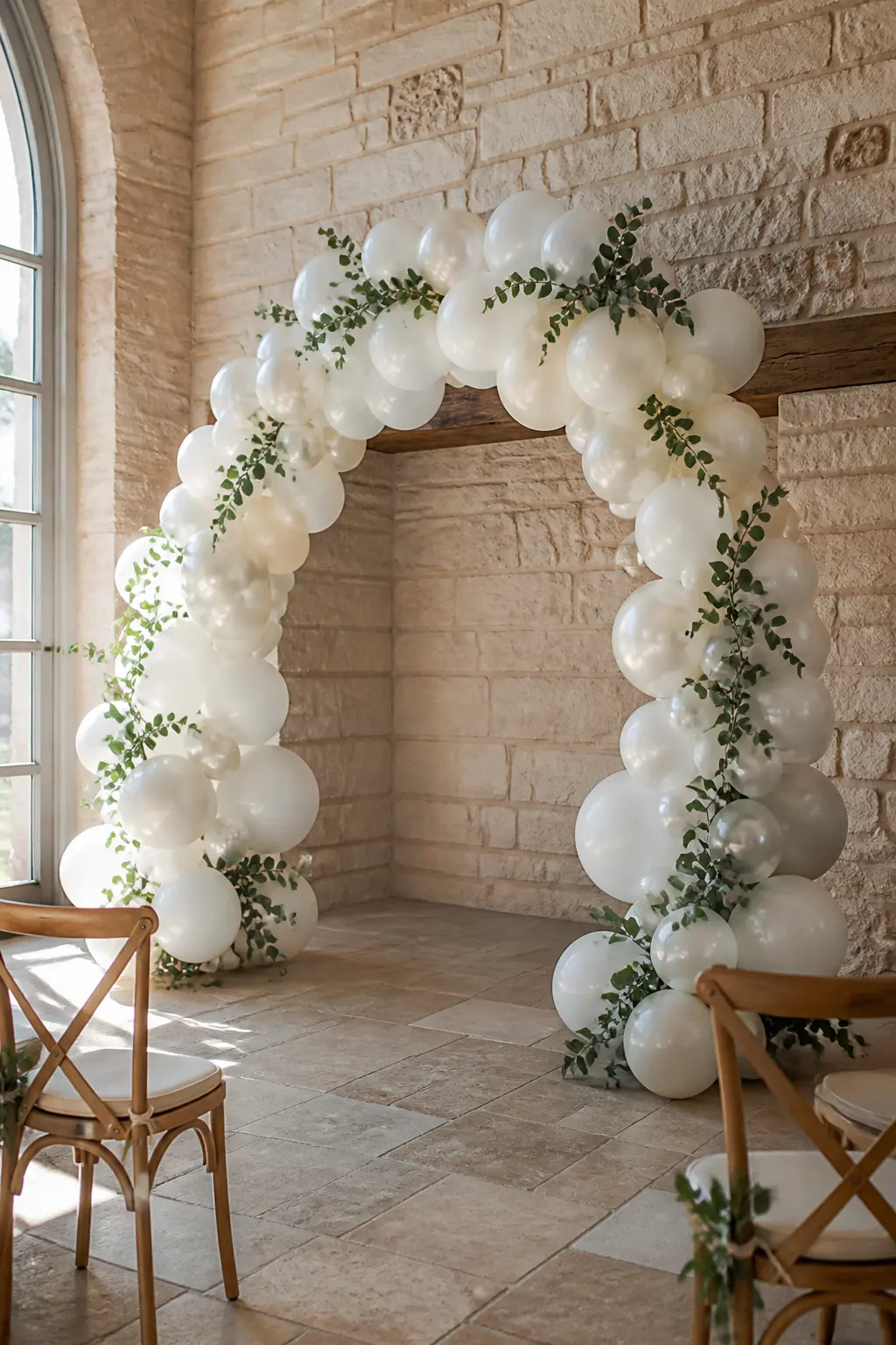 Matte, Gloss and Pearl Arch with Eucalyptus at a Wedding Ceremony — Three finishes, all white, is the move that makes this arch read as deliberate the moment