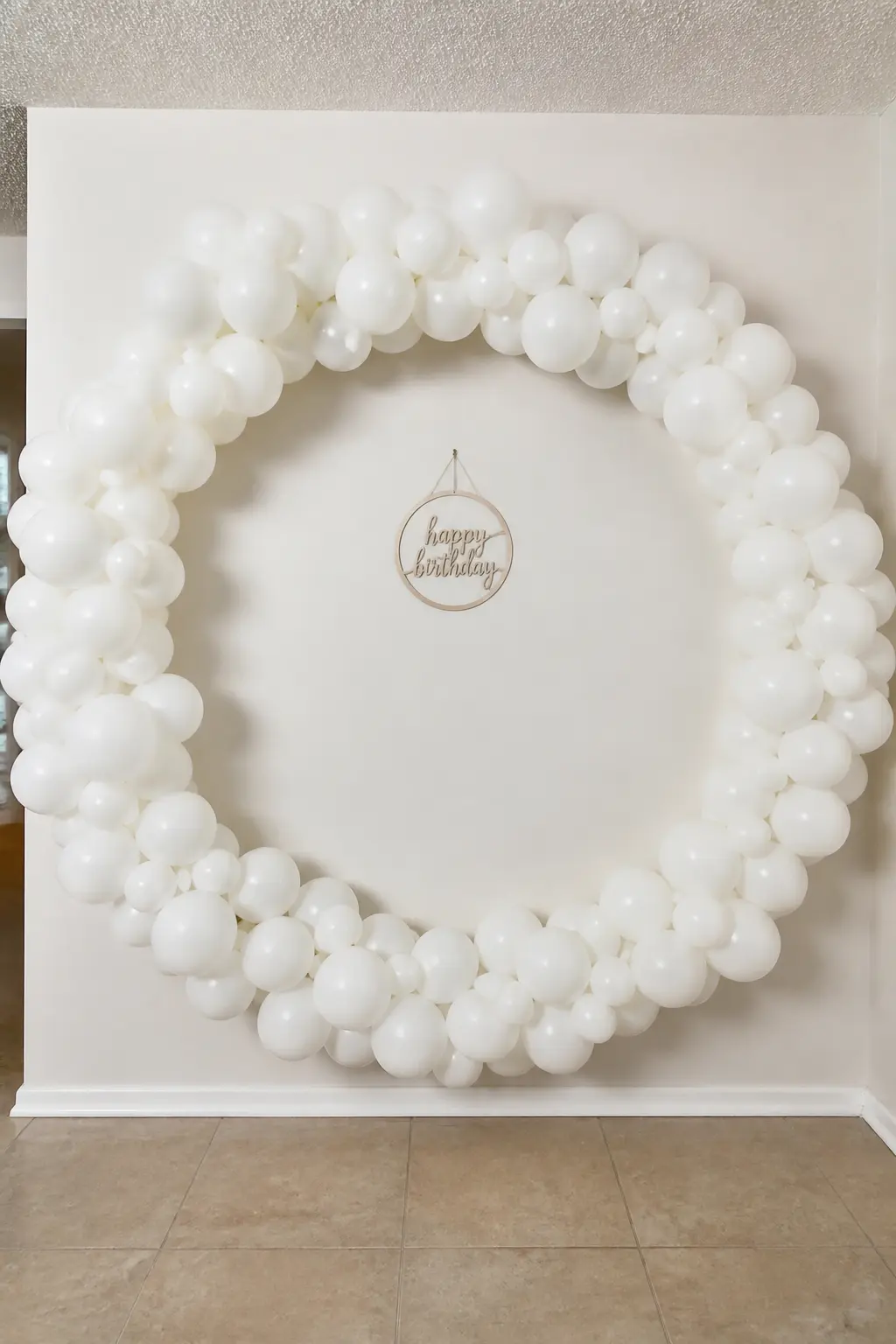 Small White Balloons Densely Packed in a Full Circle for a Photo Corner — A full circle of balloons is the photo corner installation that works hardest in a