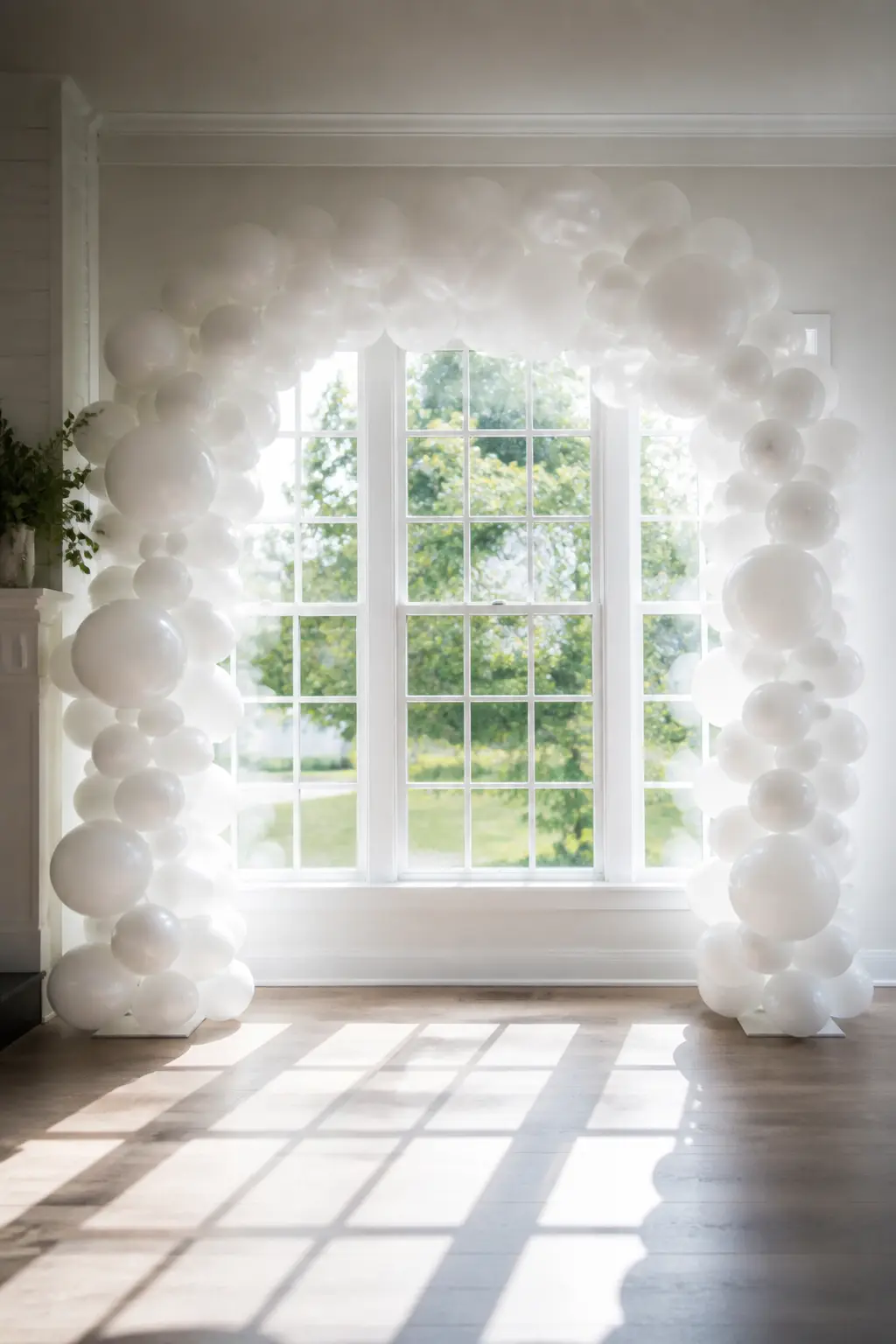 White Arch Built Where Daylight Falls, in Front of a Window — Place a white arch in front of a large window and the light does everything. White balloon arch