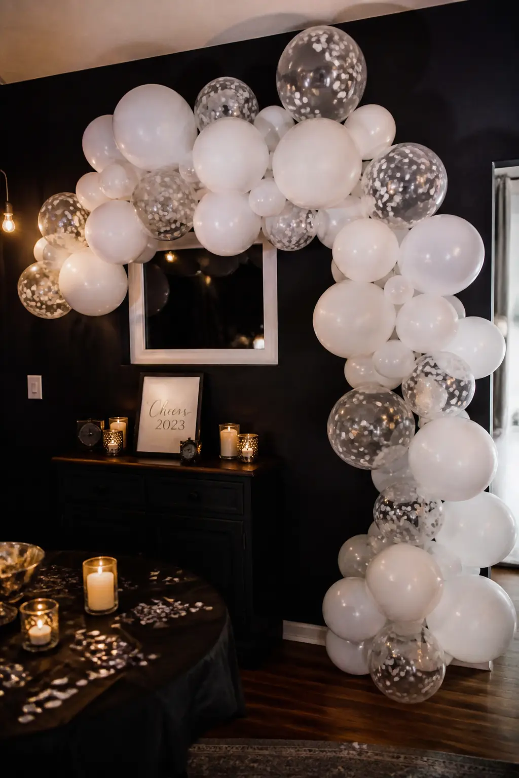 White Arch with Confetti-Filled Clear Balloons at a New Year Party — Confetti-filled clear balloons among solid white ones is the one technique that earns a