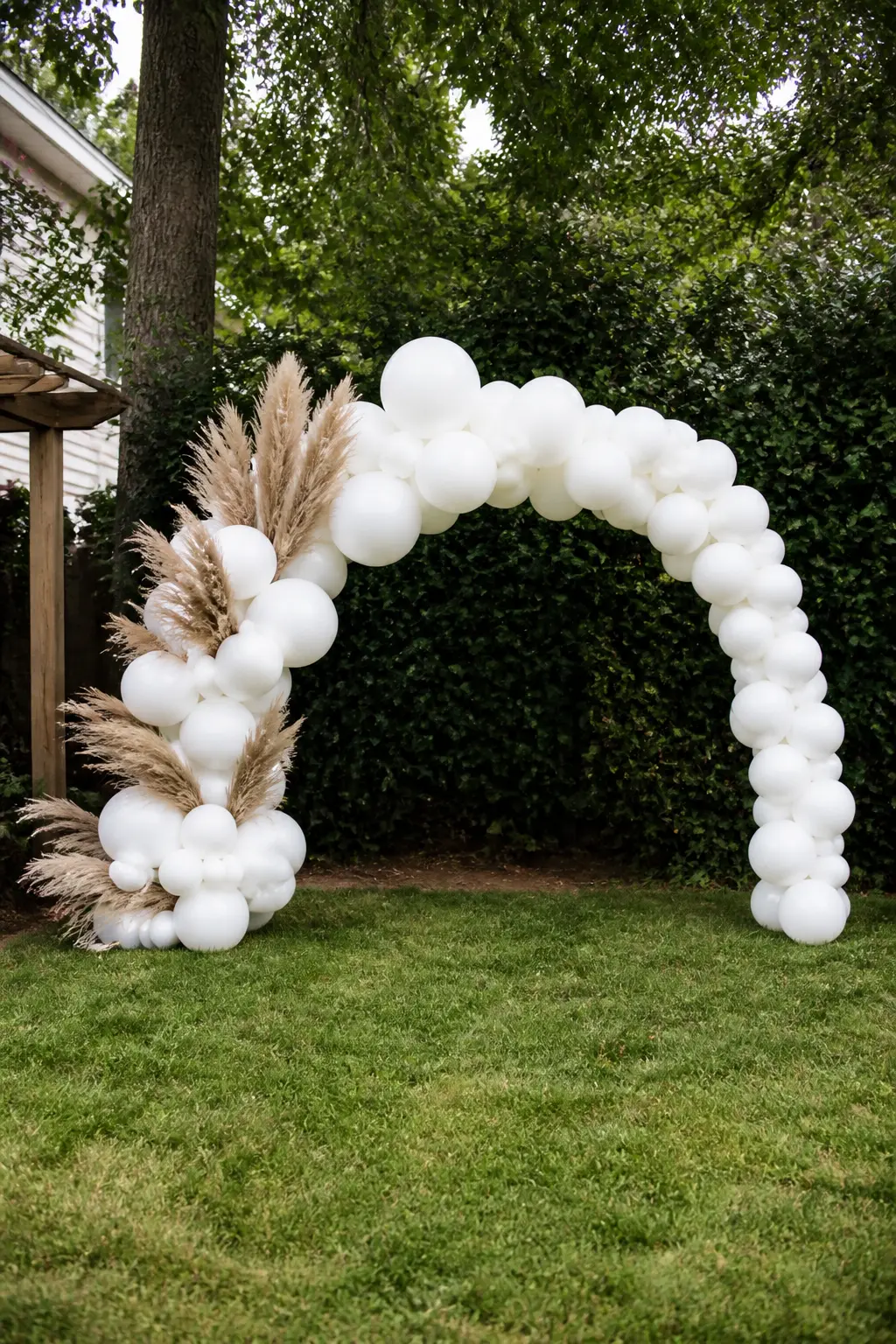 White Arch with Dried Grasses Fanning from One Side at a Garden Party — Asymmetry is the move that makes a white arch feel styled rather than hired. White