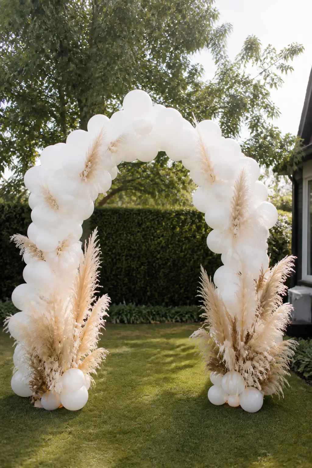 White Arch with Dried Pampas at a Boho Wedding — Pampas grass at both ends of a white arch anchors the structure to the ground and gives the whole installation