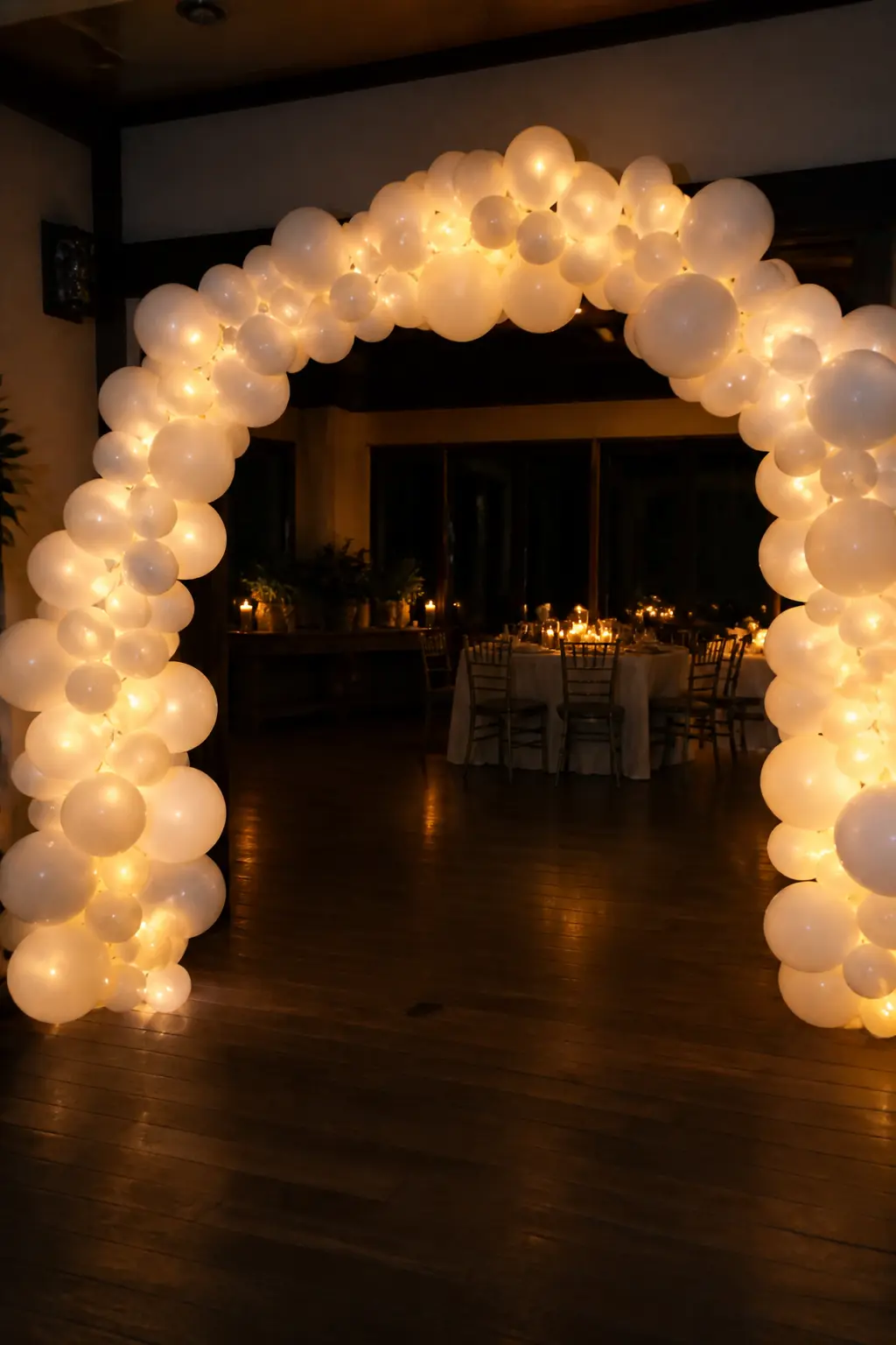 White Arch with Fairy Lights Threaded Behind at an Evening Reception — Fairy lights behind a white balloon arch, rather than around it, is the distinction that