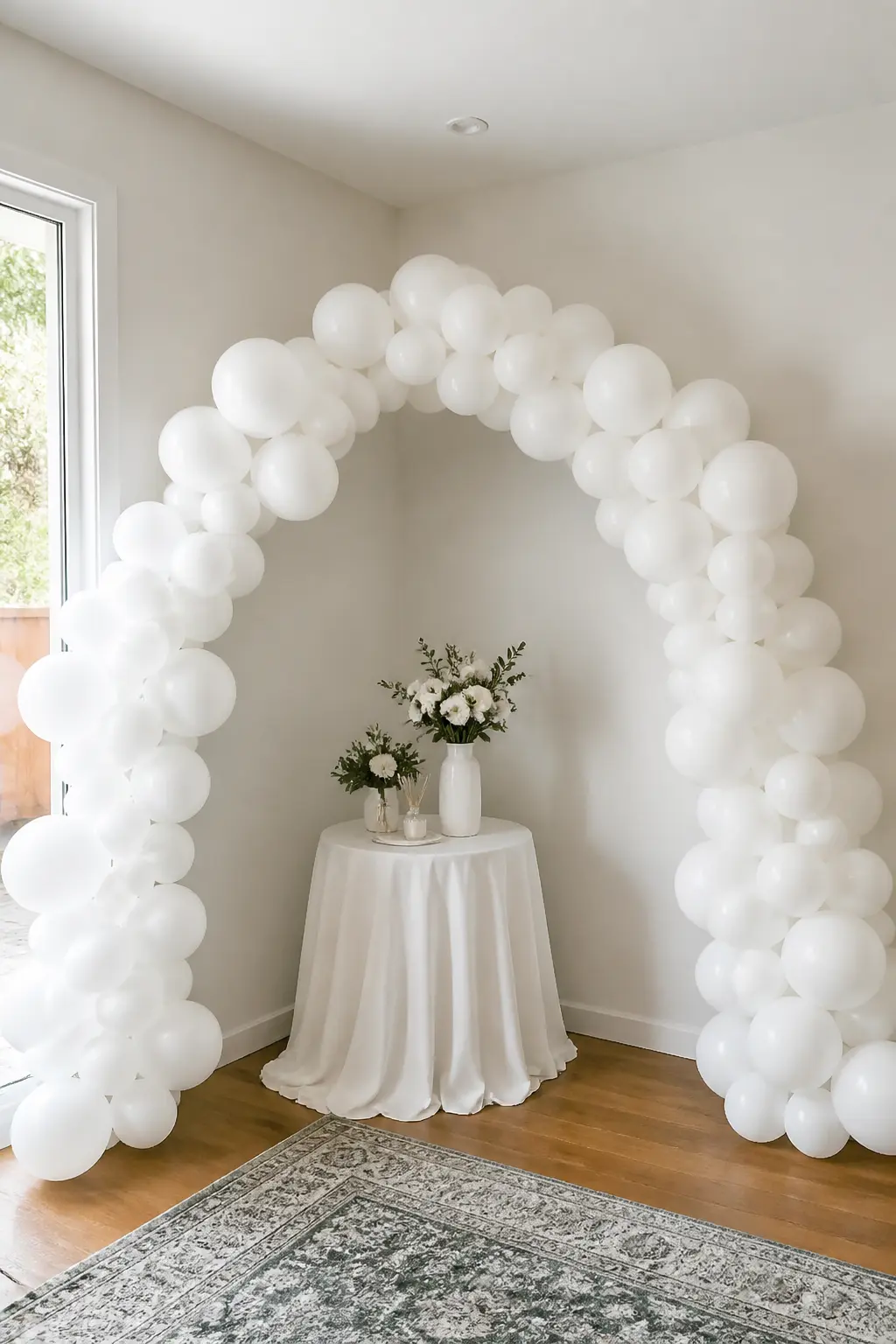White Arch in a Corner Where Two Walls Give Depth, for Photographs — A full arch built into a corner, spanning both walls rather than freestanding in open