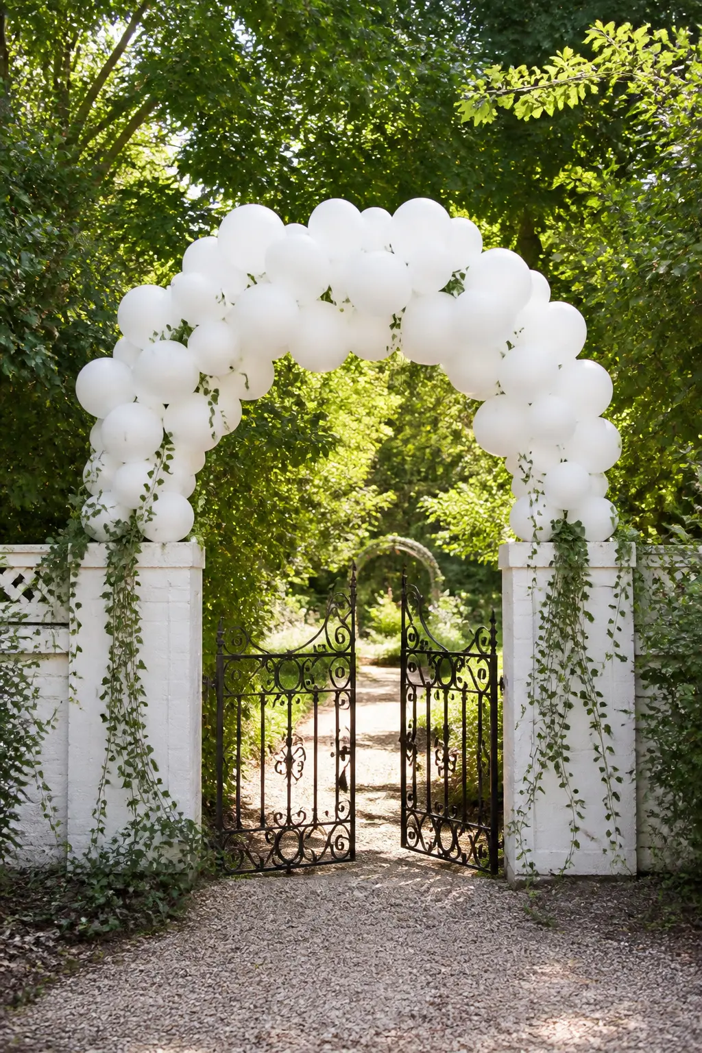 White Arch over a Garden Gate with Trailing Ivy — A garden gate gives the arch a built-in frame, and trailing ivy below the balloon structure connects it to