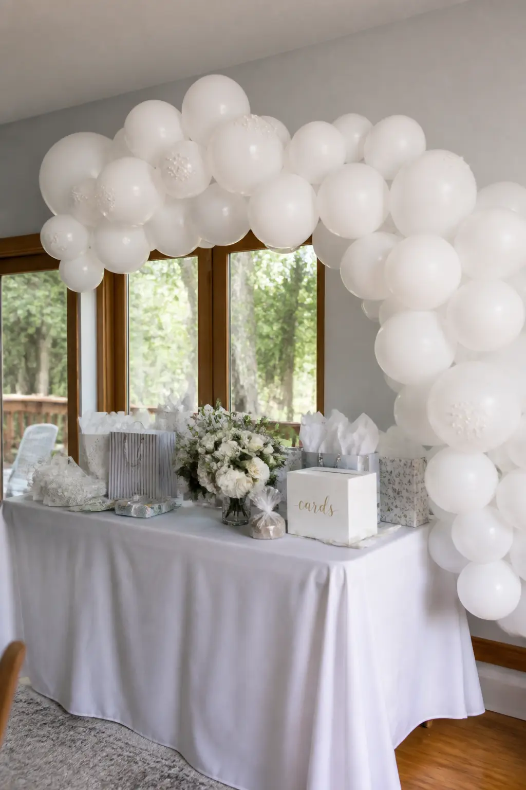 White Arch with Pearls Glued to a Few Balloons Behind a Bridal Shower Table — Pearl pins pushed into balloon surfaces, or faux pearl beads glued with craft