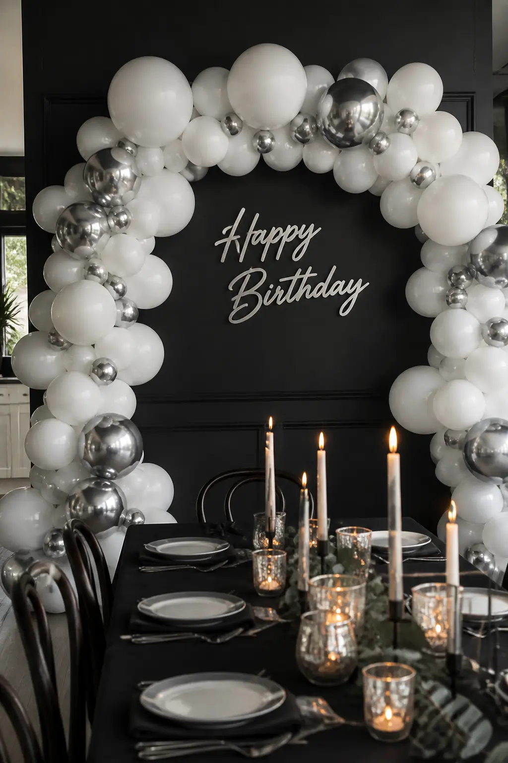 White Arch with Silver Added for a Winter Birthday — Chrome silver balloons among white ones is the simplest winter birthday upgrade. White balloon arch