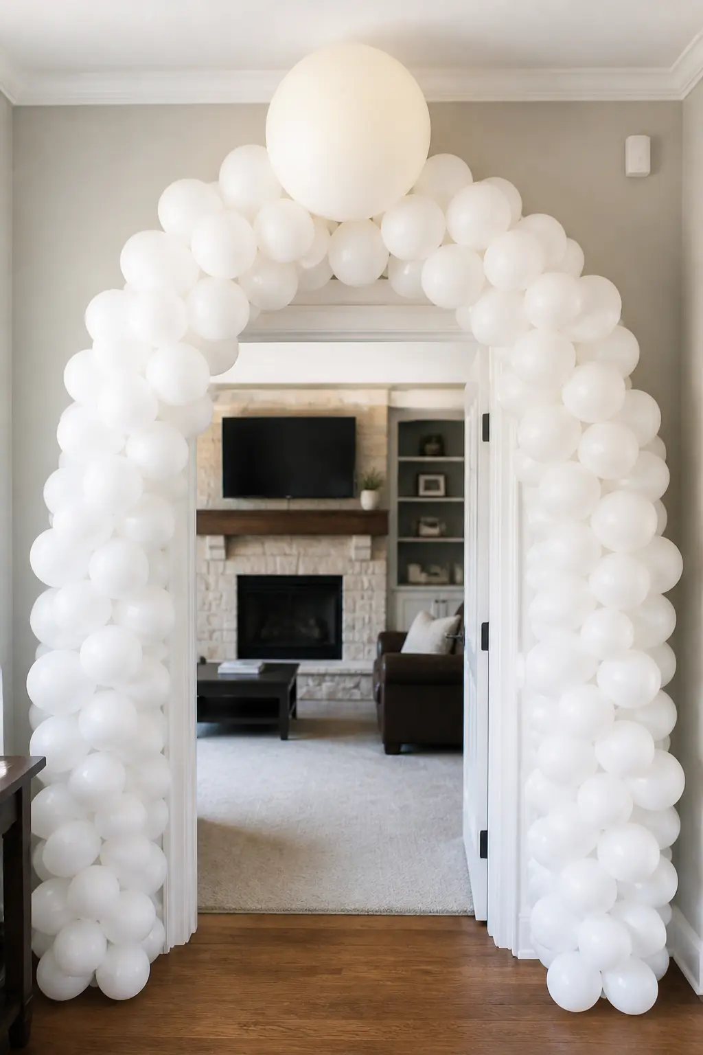 White Arch with a Single Oversized Balloon at the Top Point over a Doorway — One oversized balloon at the peak of a doorway arch changes the silhouette of the