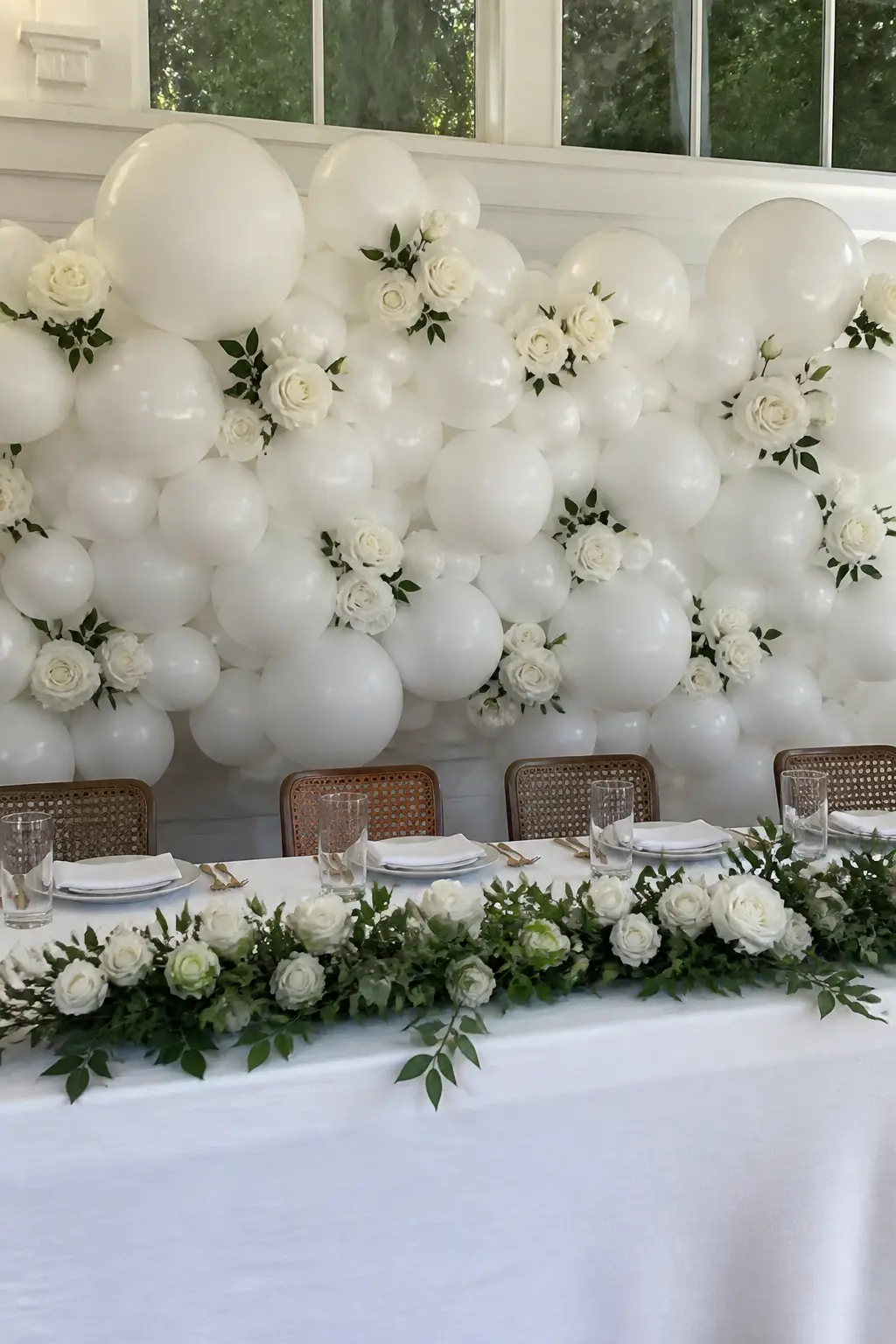 White Garland with Fresh White Roses Behind a Top Table — Pushing fresh flower stems into a balloon garland is the quickest way to take the installation from