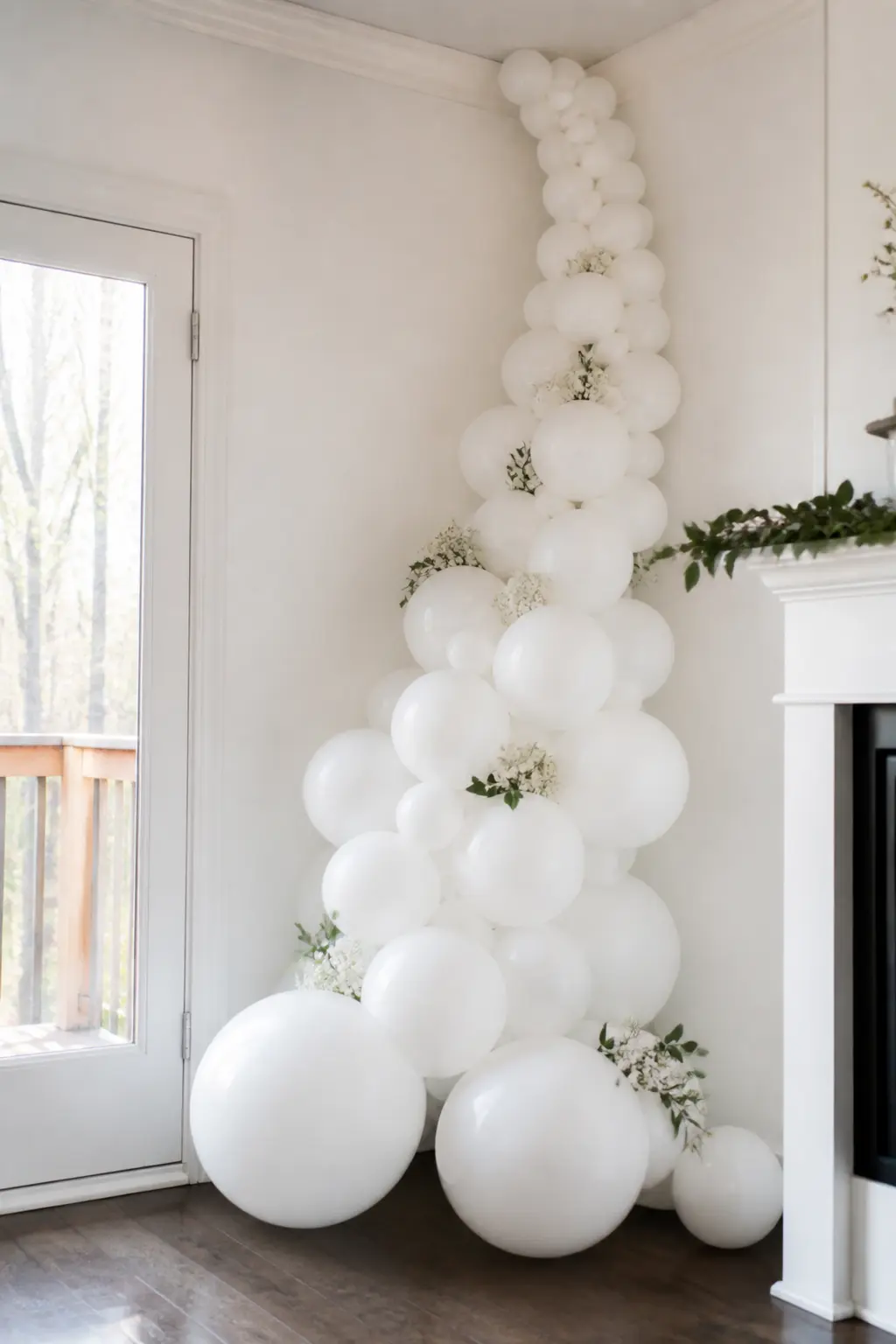 White Garland Graduated from Large at the Base to Small at the Top, Cascading Down a Corner — A corner cascade uses the vertical line of where two walls meet