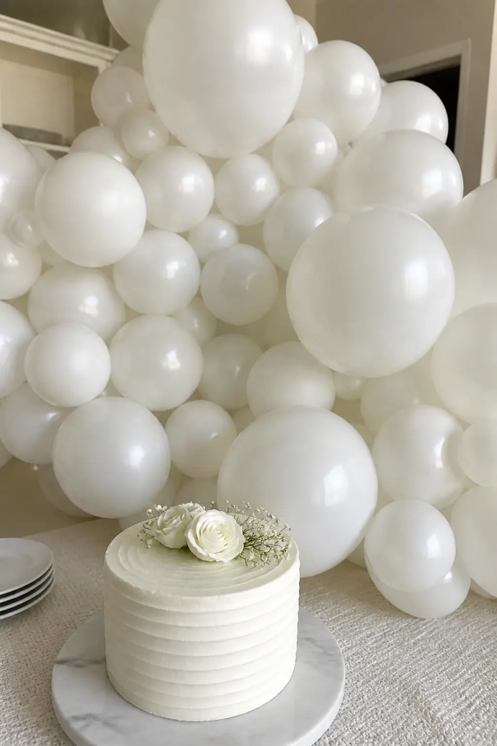 White Garland with Pearl Finish Only, No Gloss, Behind a Cake — Pearl finish is the most underused white in balloon decorating, and it earns its place behind a