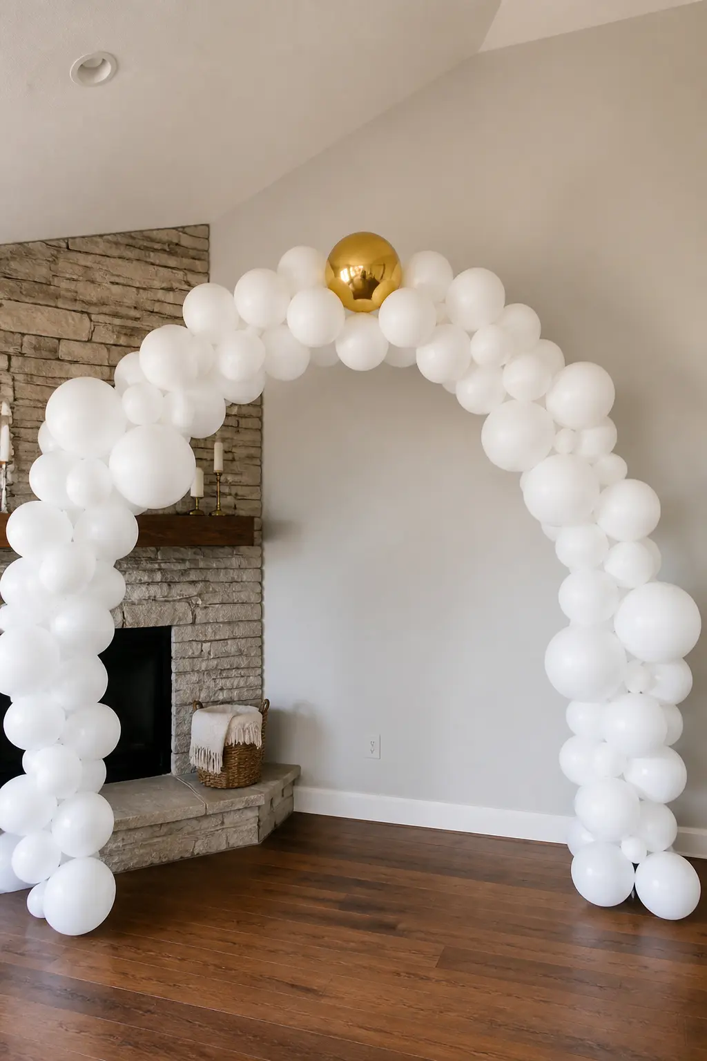 White Garland with a Single Gold Balloon at the Very Top Point — One gold balloon at the top of an otherwise all-white garland is the minimum viable accent.
