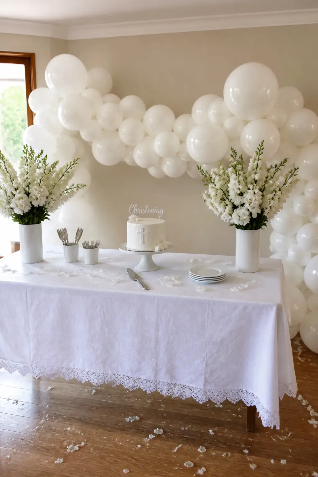 White Garland with White Flowers at the Ends Behind a Christening Table — Flowers at the ends rather than threaded throughout give the garland a structured