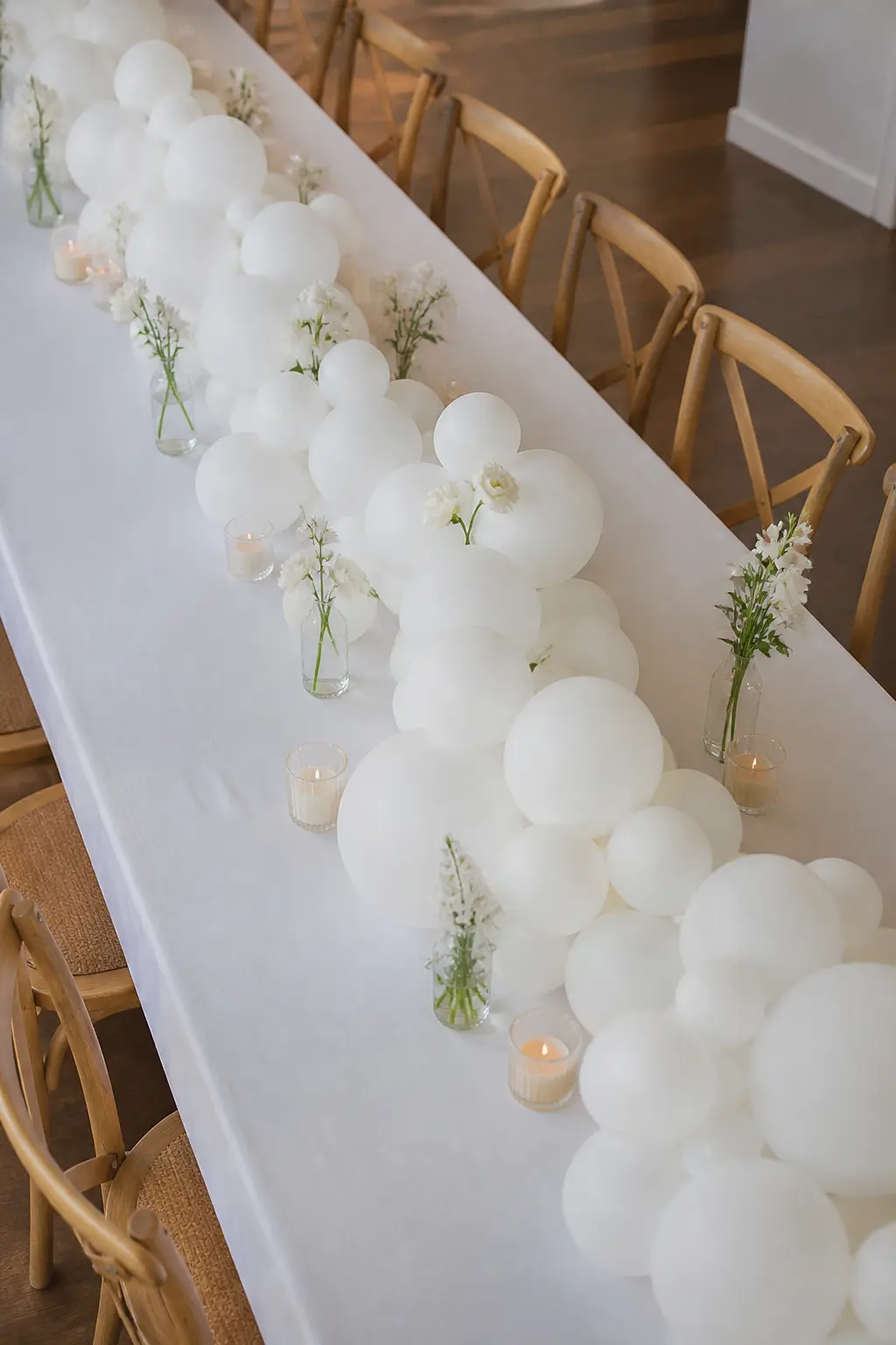 White Low Garland Down the Centre of a Long White-Clothed Table — A table centre garland is the format most people are afraid to try and the one that