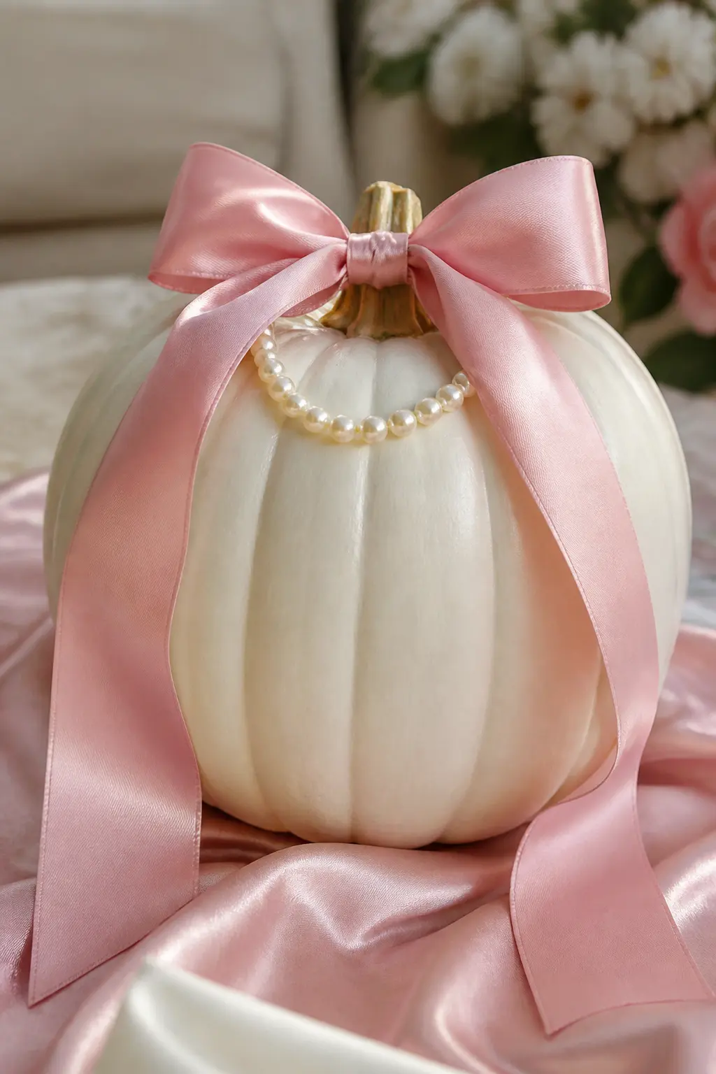 Coquette Pink Bow and Pearls at the Stem — A wide pink satin bow with long tails sits at the stem, and a string of pearl beads is looped twice around the base