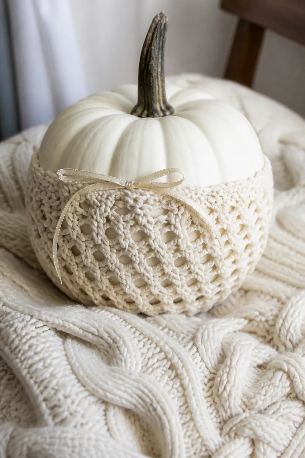 Crochet Sleeve in Cream With a Ribbon — A crocheted sleeve in cream or off-white yarn is pulled over the pumpkin body, sitting like a cosy around the widest