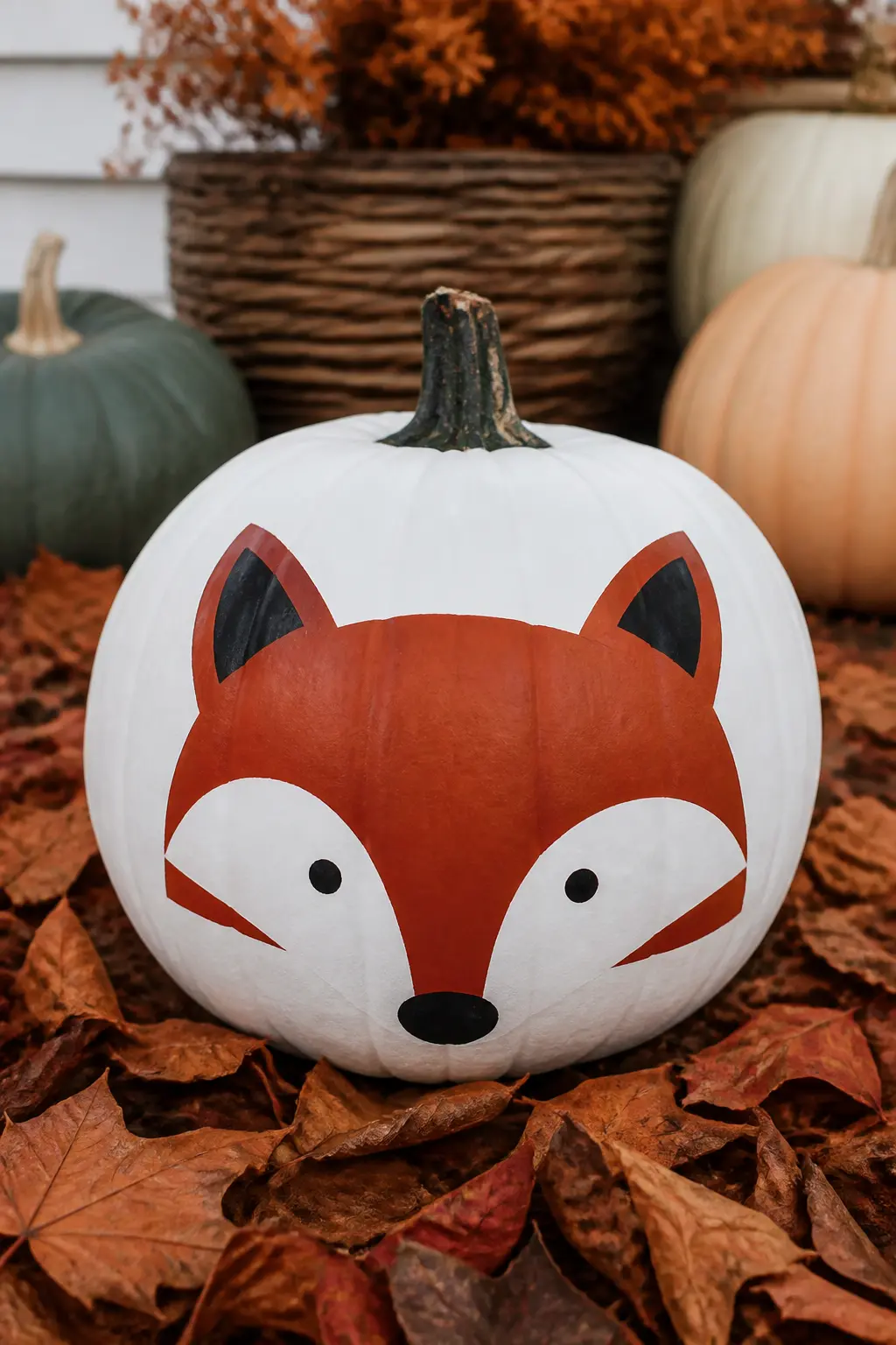 Fox Face in Rust and Black — A stylised fox face occupies the front of the pumpkin: a rust-orange triangular face, black ears outlined in white, white cheek
