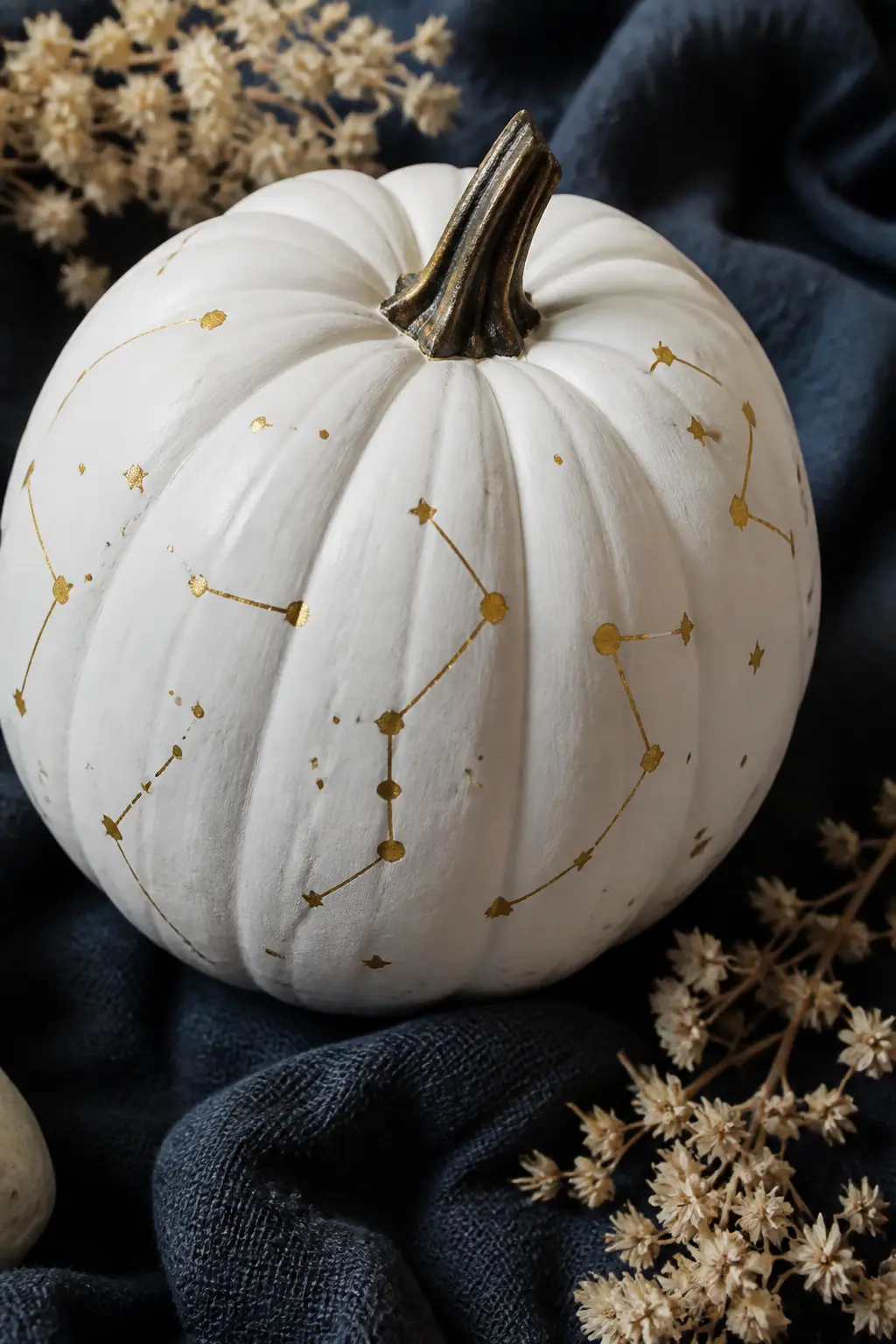 Gold Constellation With Fine Lines — A constellation map drawn in gold on the white pumpkin body: small gold dots for stars, joined with fine straight lines to