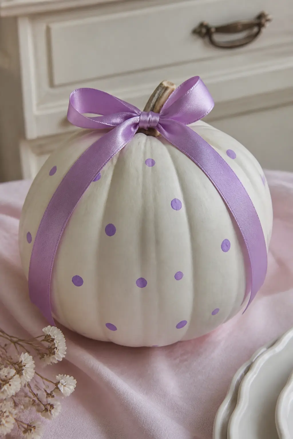 Lilac Bow and Lilac Dots — A lilac satin bow sits at the stem and small hand-painted lilac dots are scattered over the body in a loose, uneven pattern. White