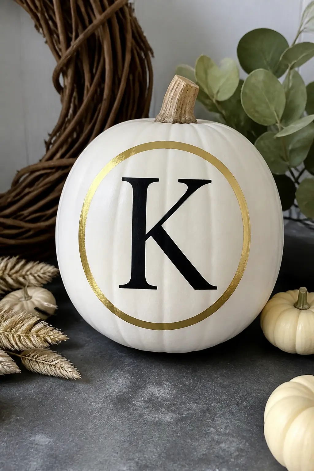 Monogram in Black With a Gold Circle — A single initial, large and bold, painted in black sits centred on the pumpkin front. White painted pumpkin