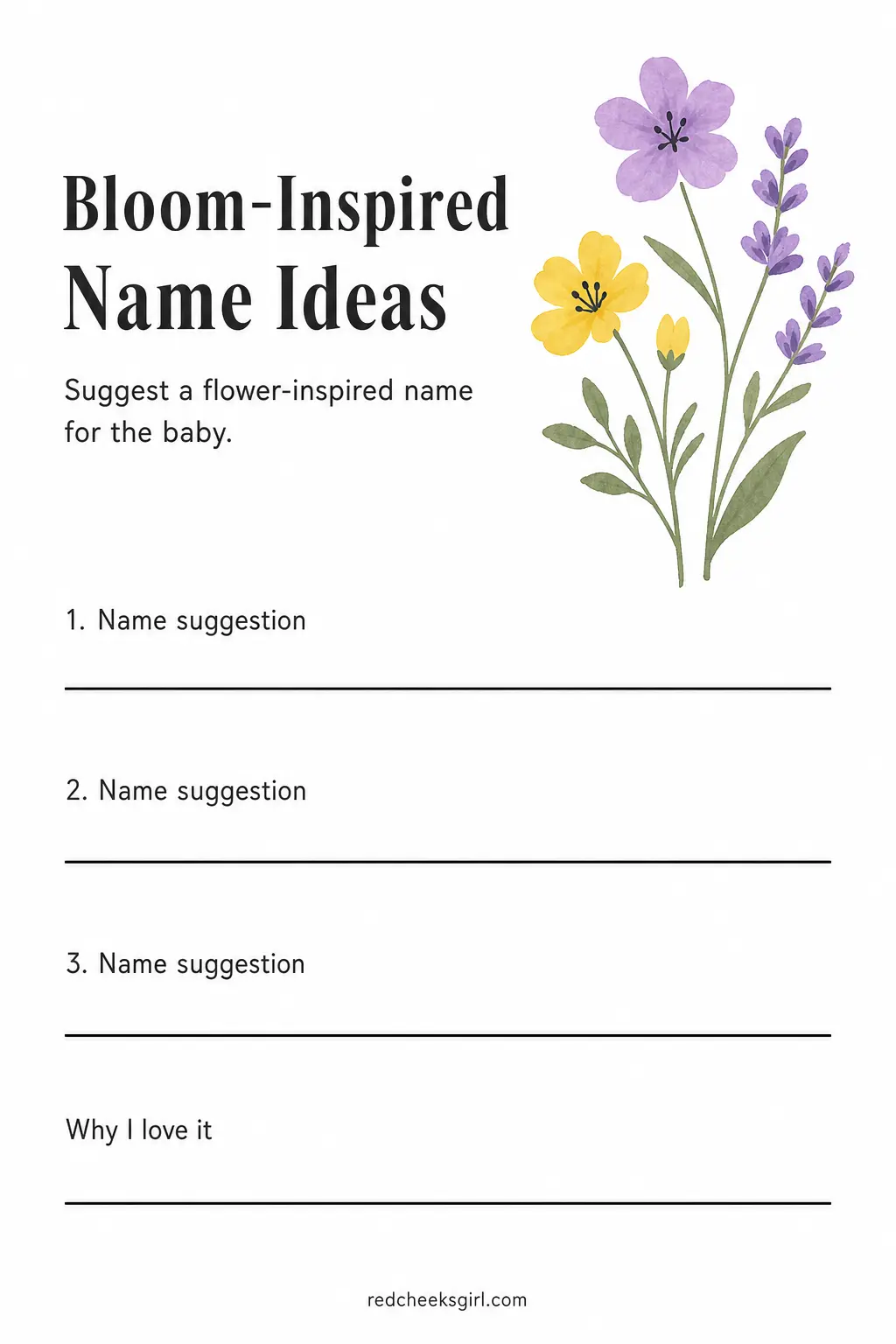 Flower-Name Baby Name Suggestion Card printable sheet — Flower-Name Baby Name Suggestions asks guests to do the thing they are already itching to do at a
