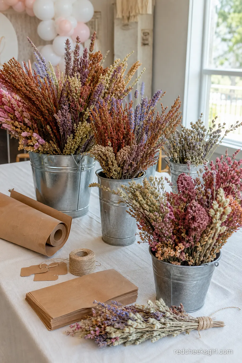 A Dried Flower Bouquet Bar — Set out a few buckets of dried wildflowers, some kraft paper and twine, and guests build their own small bouquet to carry home