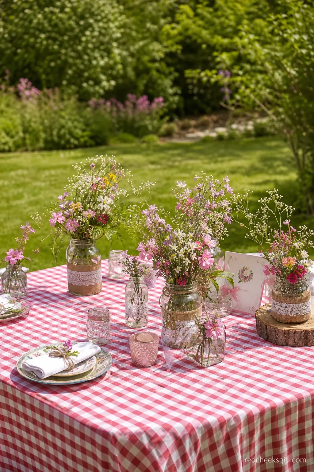 A Gingham and Wildflower Picnic Table — Take the theme outside and a red gingham cloth replaces every other decoration decision at once. Wildflower baby shower