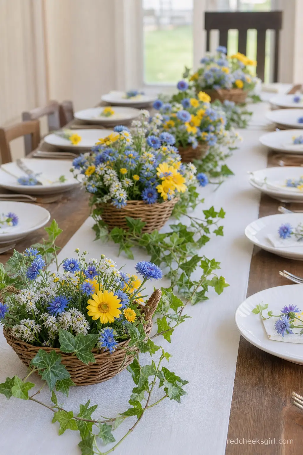 Low Wicker Baskets Down the Centre — Shallow baskets keep the arrangement low enough that guests can still see each other across the table, which a tall vase