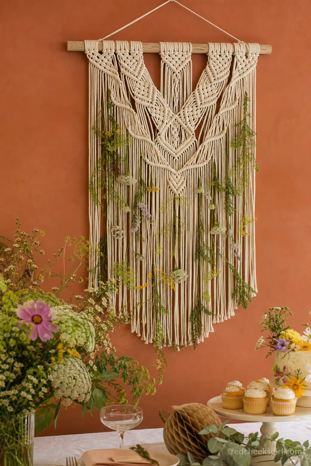 A Macrame and Wildflower Wall Hanging — A knotted macrame panel with a few wildflower sprigs tucked through the fringe fills a bare wall behind the cake table