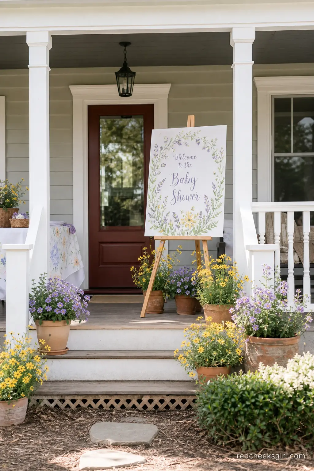 A Meadow Welcome Sign on the Porch — A wooden easel with a hand-lettered or printed sign, flanked by a couple of potted wildflowers, tells guests they have
