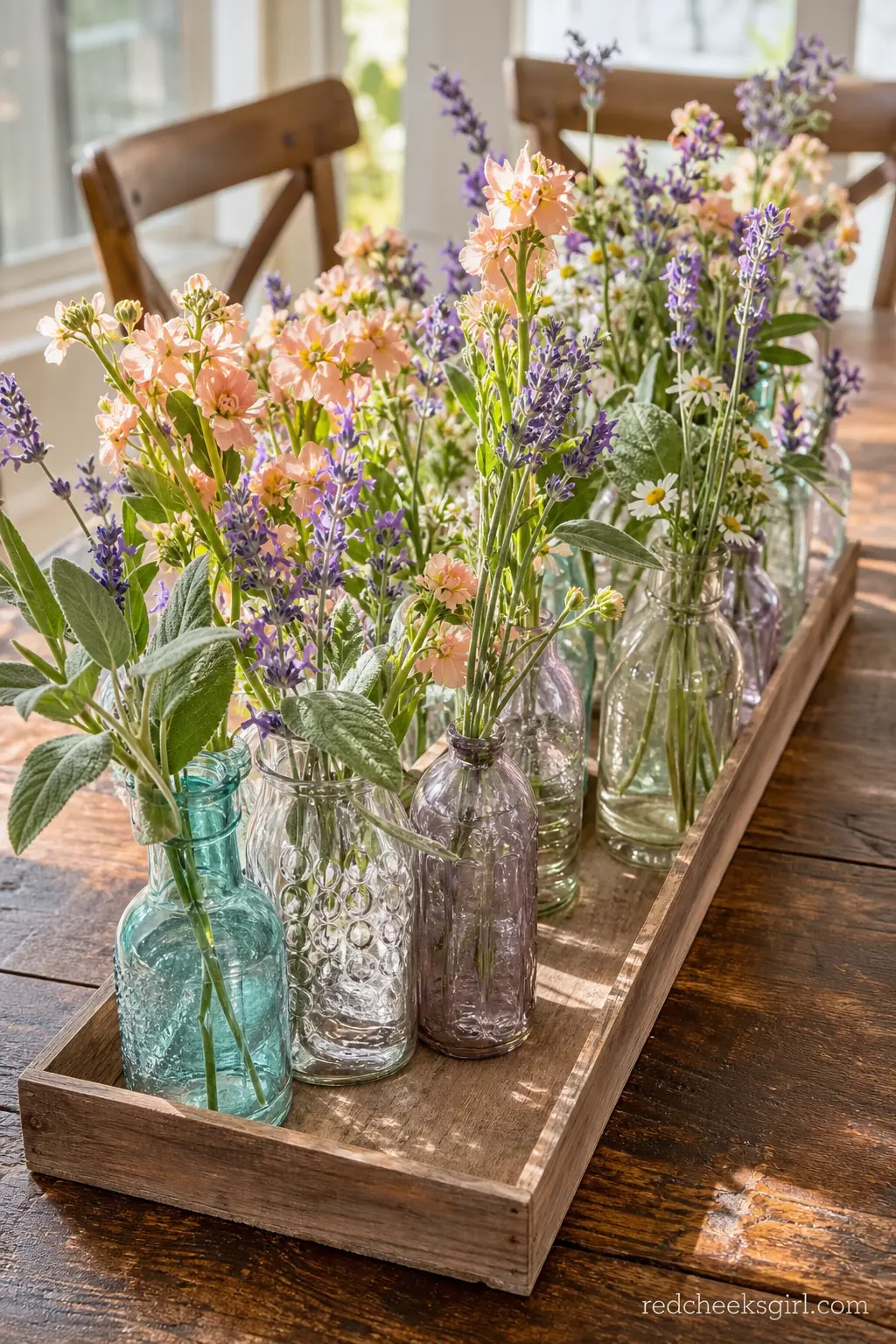 A Mismatched Bottle Centerpiece Runner — Save every odd glass bottle for a month before the party and this centerpiece costs almost nothing. Wildflower baby