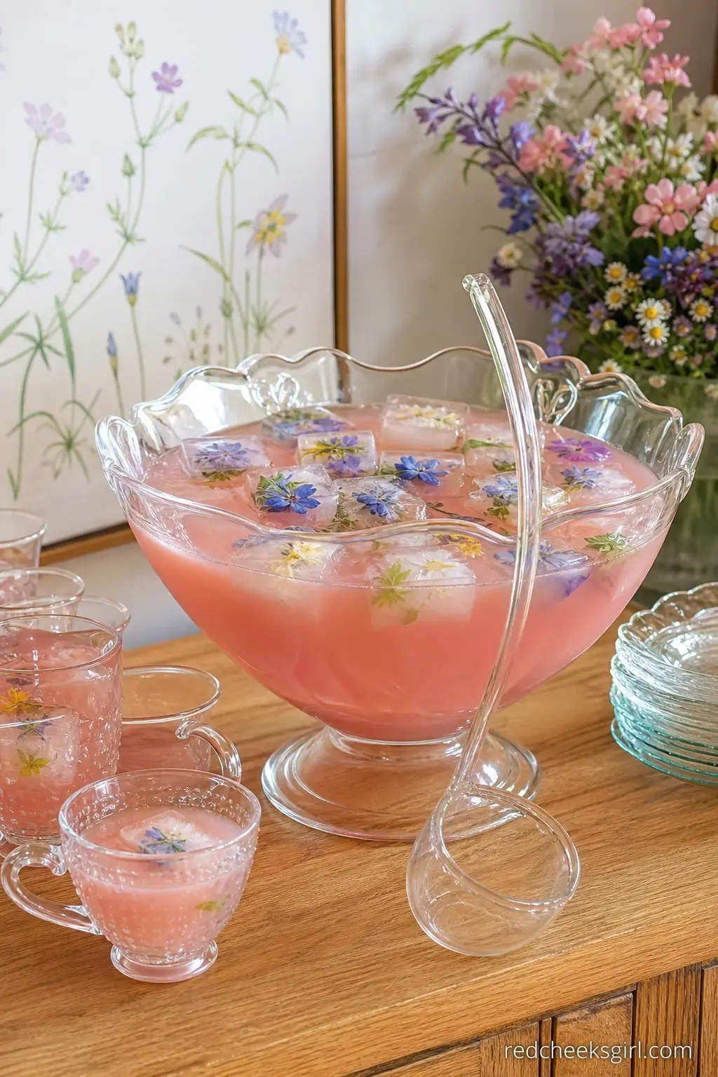 A Punch Bowl With Floral Ice Cubes — Freeze small edible flowers or petals into ice cubes the night before and a plain punch becomes the most photographed