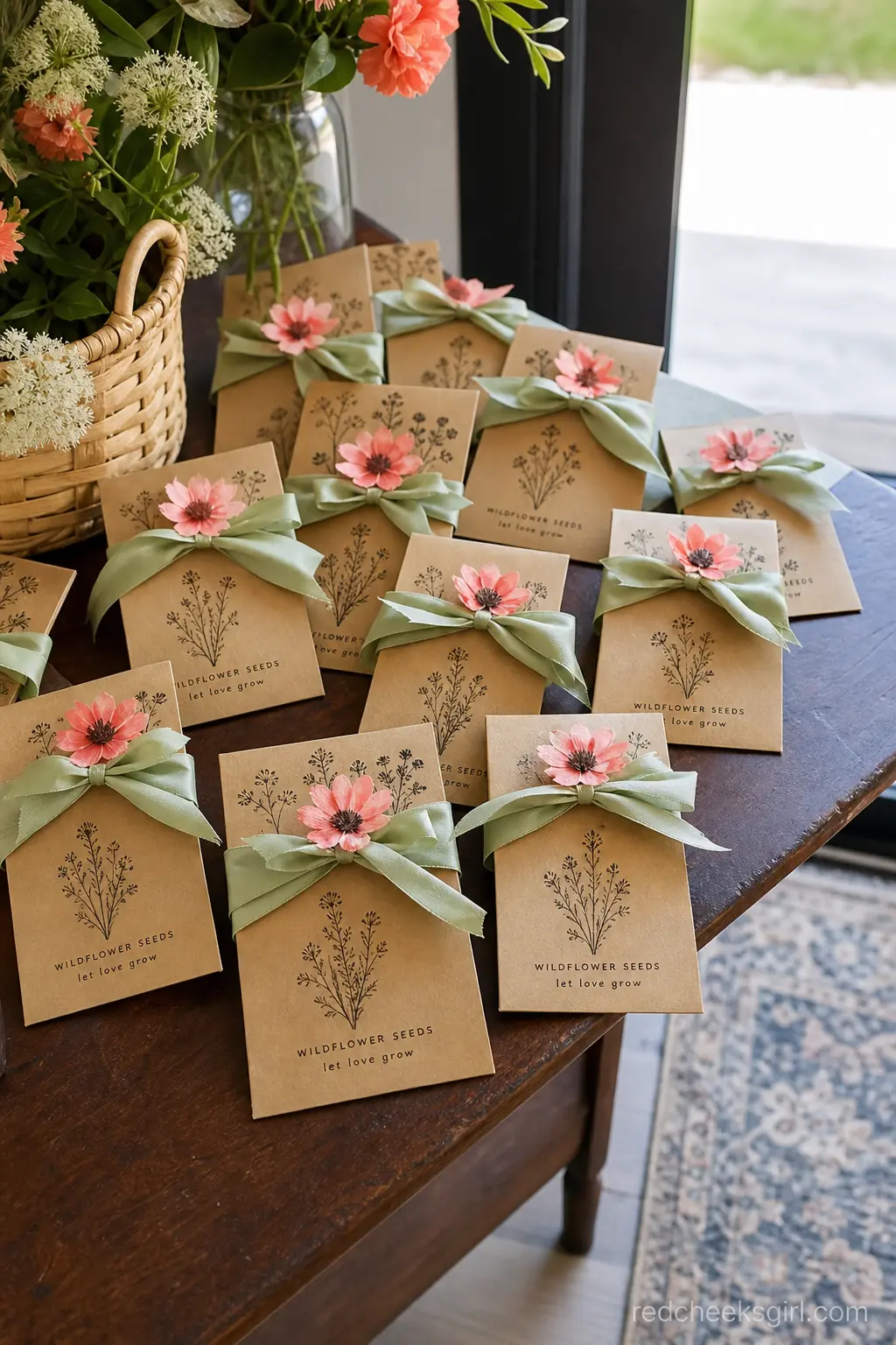 A Seed Packet Favor Display — Wildflower seed packets fanned across a small table near the exit cost only a little more than a printed sticker and they