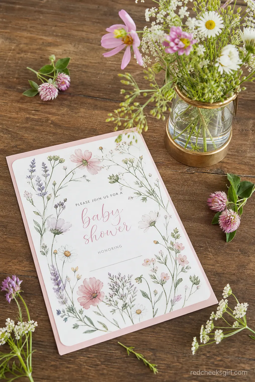 A Watercolor Wildflower Invitation Flat Lay — The invitation sets the palette for everything else, so choosing it first saves a lot of second-guessing later.