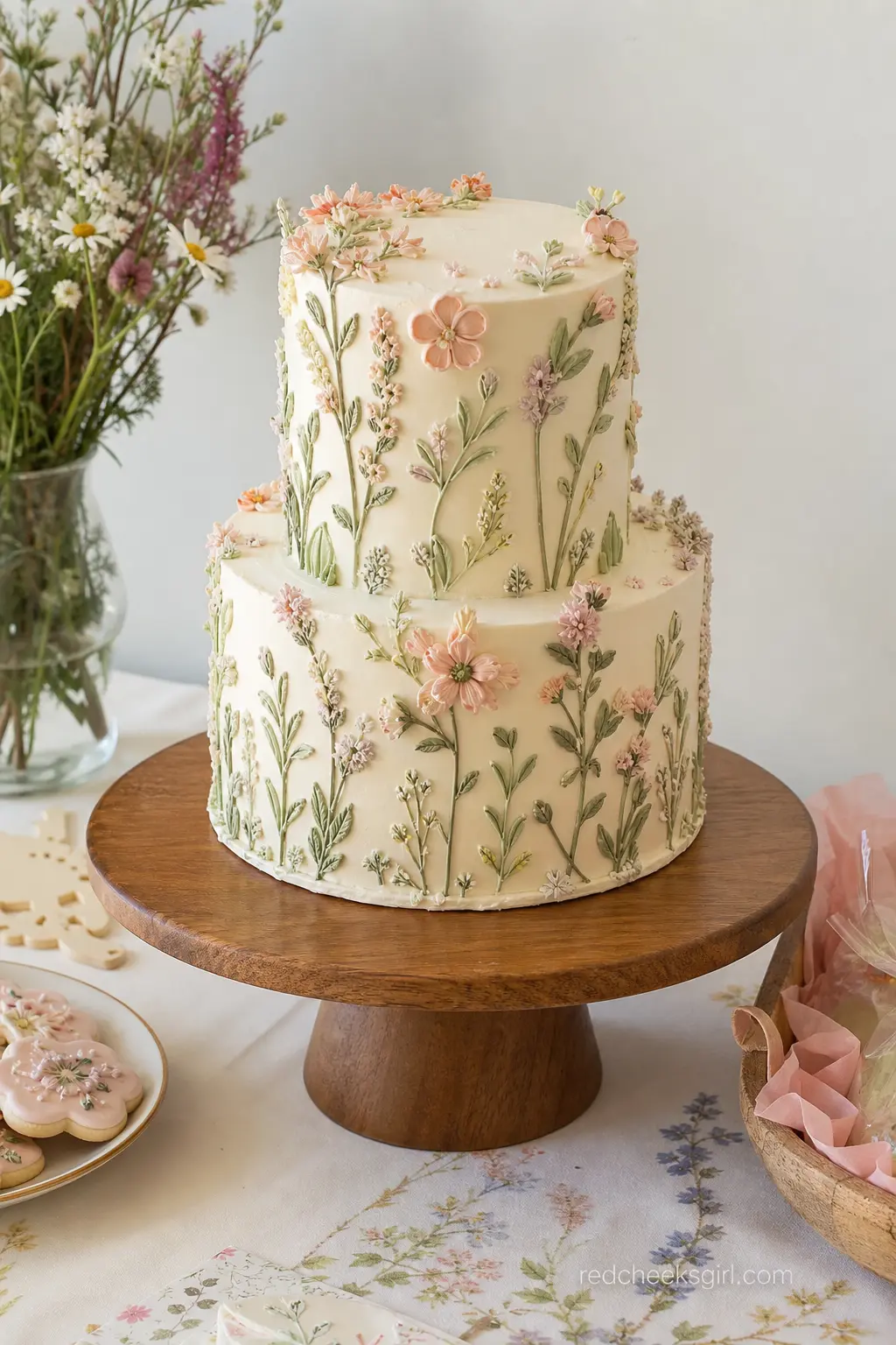 A Wildflower Buttercream Cake — A two tier cake piped with loose buttercream blooms in sage and blush reads as the centerpiece of the whole dessert table