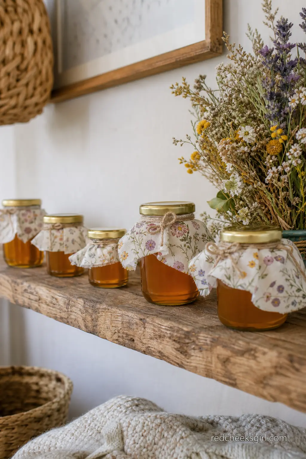 Wildflower Honey Jars — A row of small honey jars with a fabric topper tied on with twine looks handmade even when the honey itself is store bought and simply