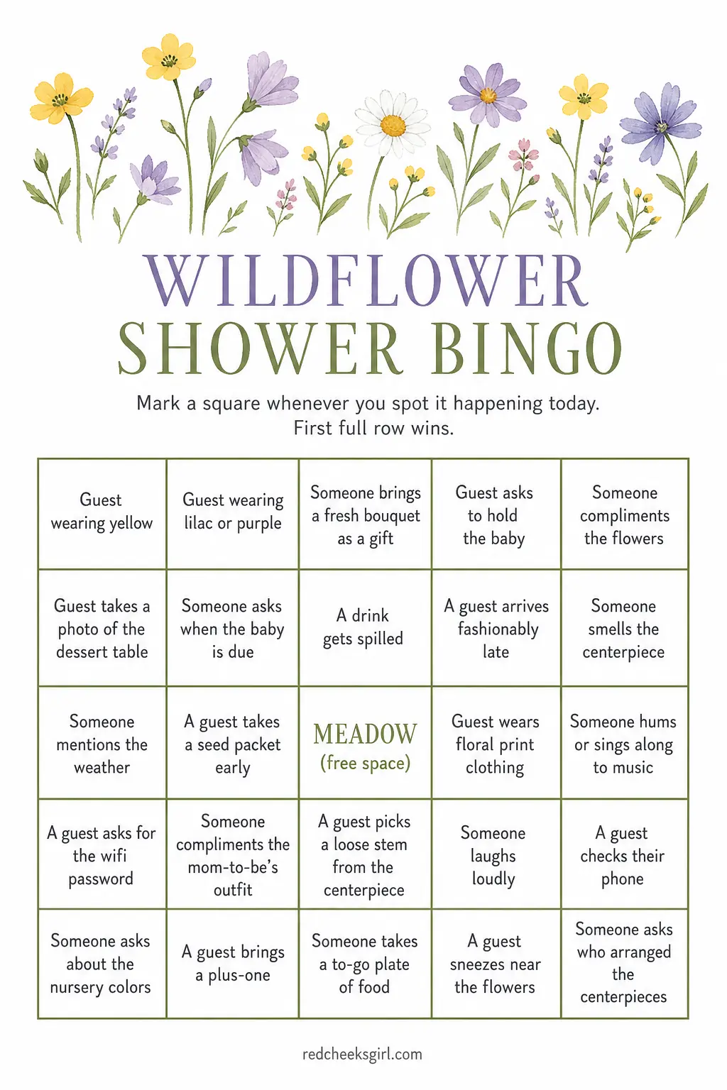 Wildflower Bingo printable sheet — Instead of marking off gifts, guests mark a card as small real moments happen around them, someone wearing lilac, a guest