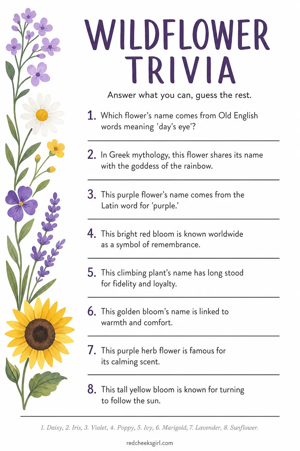 Wildflower Trivia printable sheet — Wildflower Trivia keeps the theme going for guests who would rather answer a question than perform in front of a group