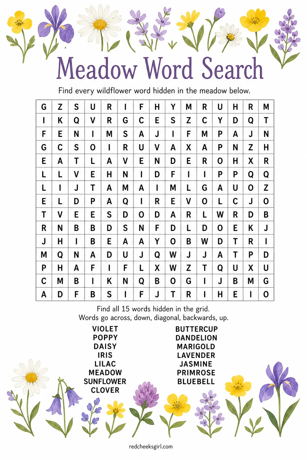 Wildflower Word Search printable sheet — Guests circle wildflower and meadow words hidden in a grid while waiting for gifts to open, a quiet task that needs no