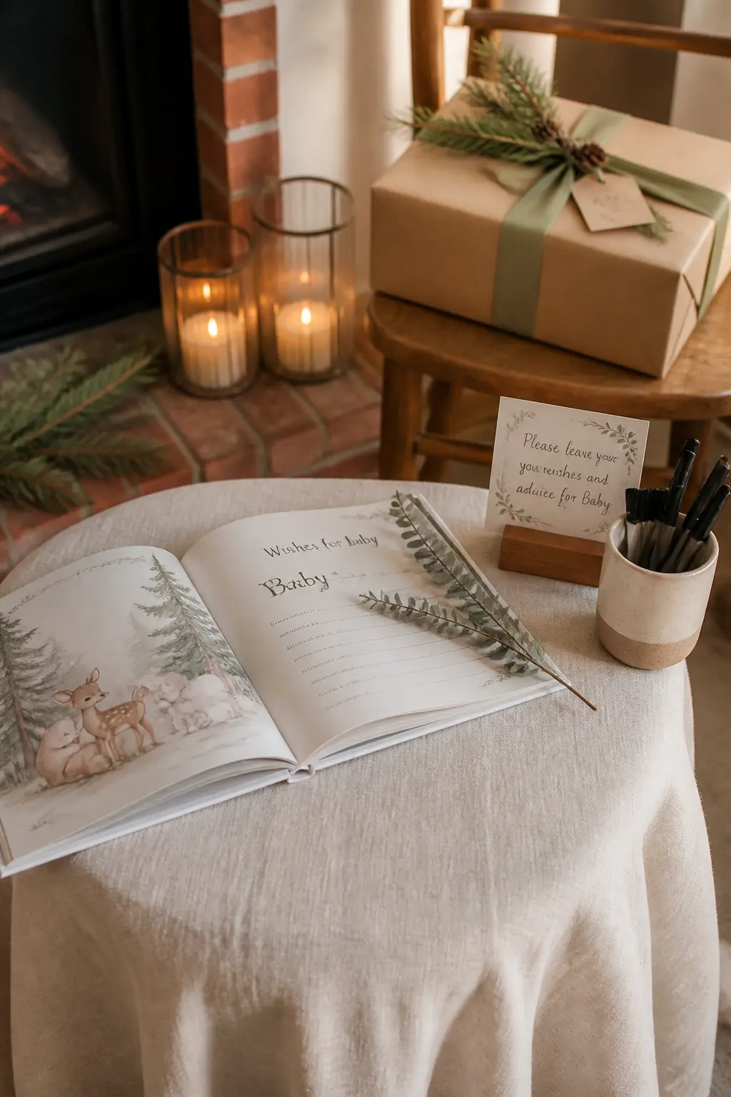 Baby Book Inscription Station — Set a beautiful hardcover baby book open on a small decorated table beside a cup of fine-tip pens. Winter Baby Shower Ideas