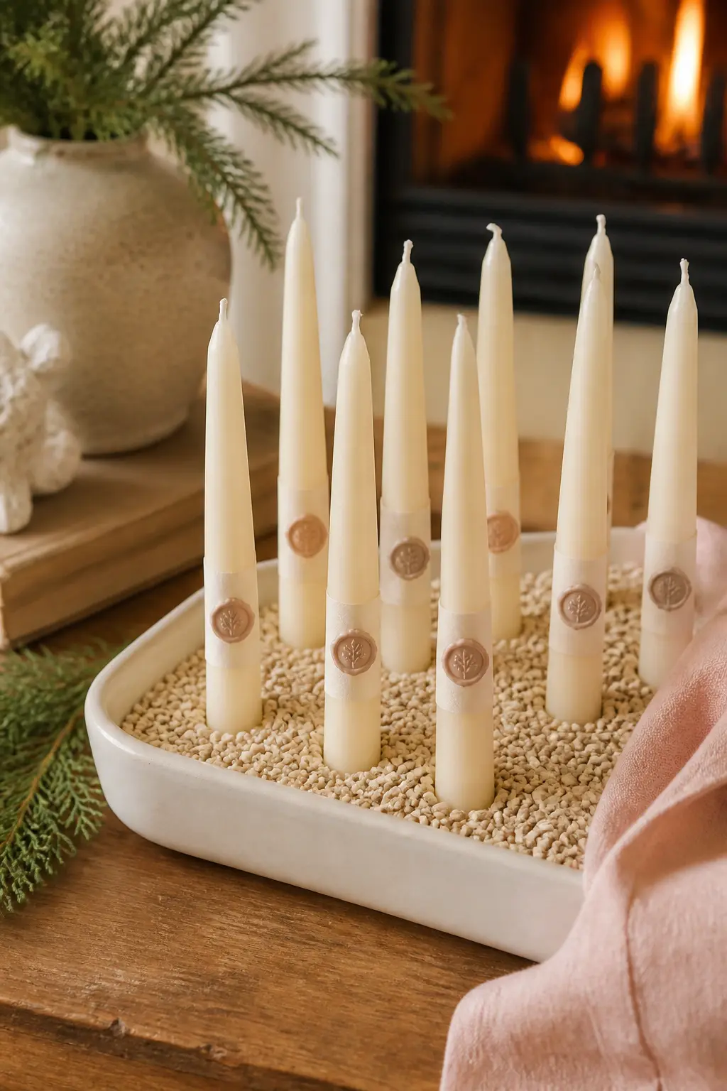 Beeswax Taper Candle Wrapped in a Paper Belly Band — A single beeswax taper candle wrapped with a narrow printed belly band is understated, useful and