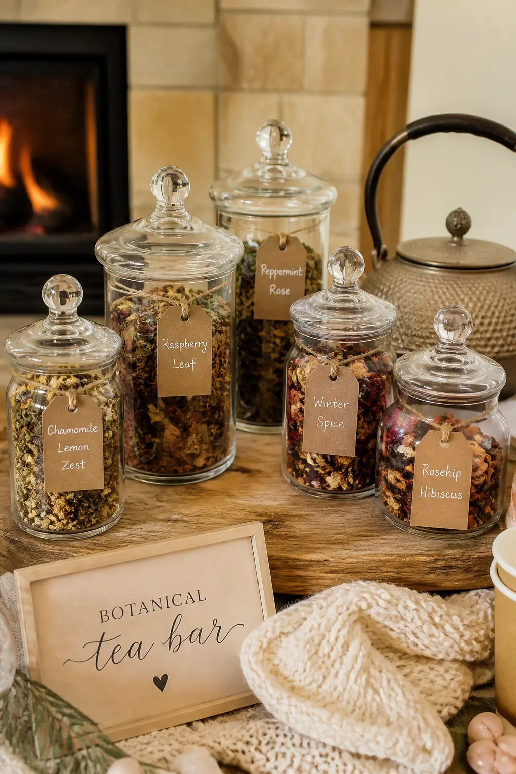 Botanical Tea Bar with Labelled Loose-Leaf Jars — Not every guest wants cocoa or cider. Winter Baby Shower Ideas