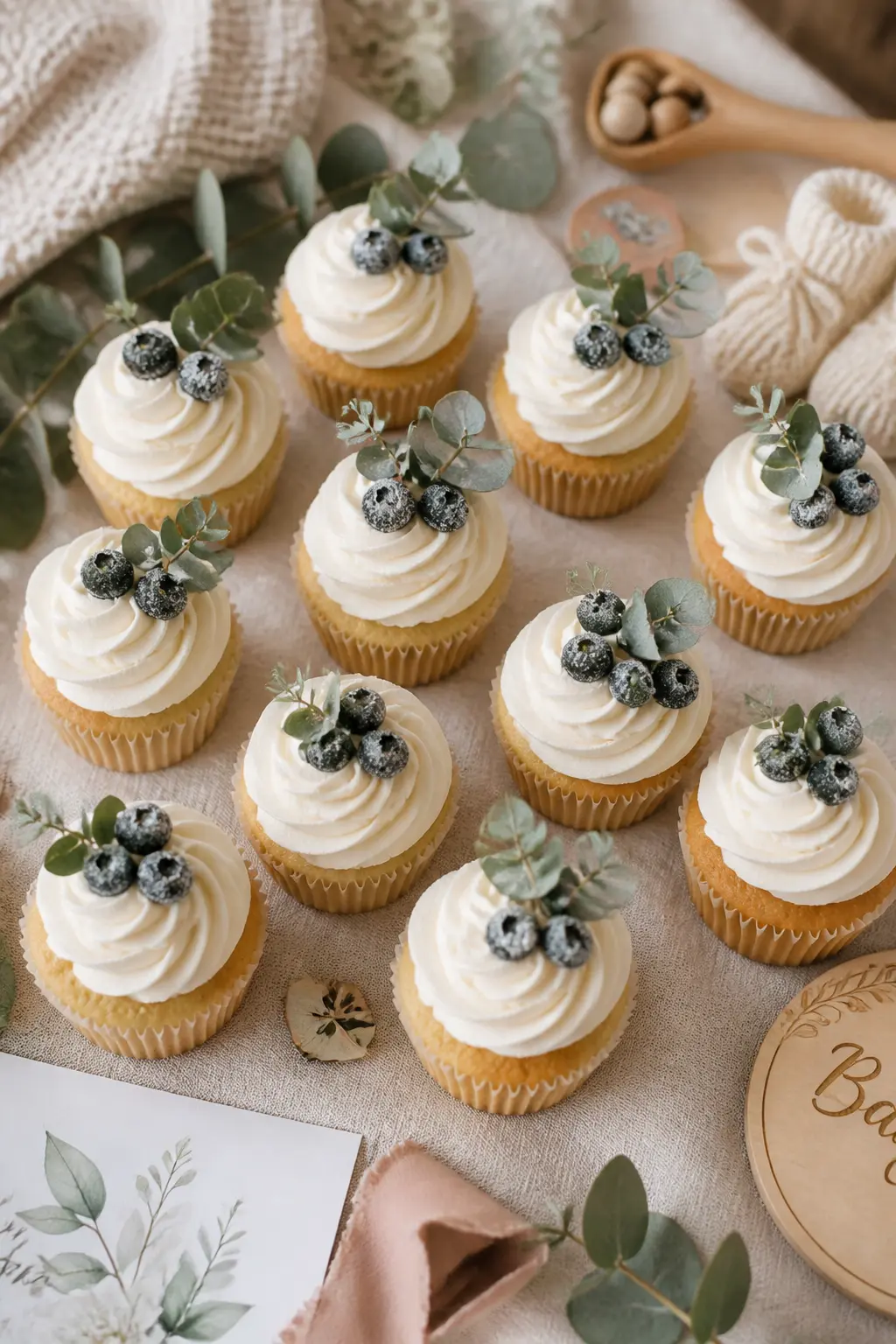 Eucalyptus and Blueberry Cupcake Cluster — Cupcakes topped with tall swirls of vanilla buttercream and garnished with a sprig of fresh eucalyptus and two or